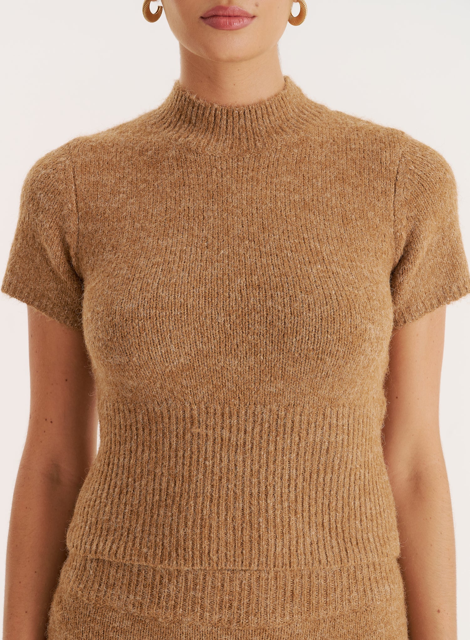 Camel Knitted Ribbed Waist Band Crop Top